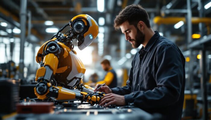 A photograph of a skilled technician programming or assembling a sleek
