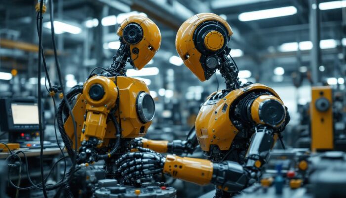 A photograph of a vintage industrial robot in action within a factory setting
