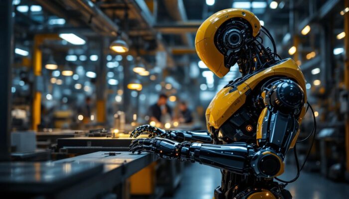 A photograph of a sleek industrial robot in action within a modern manufacturing facility
