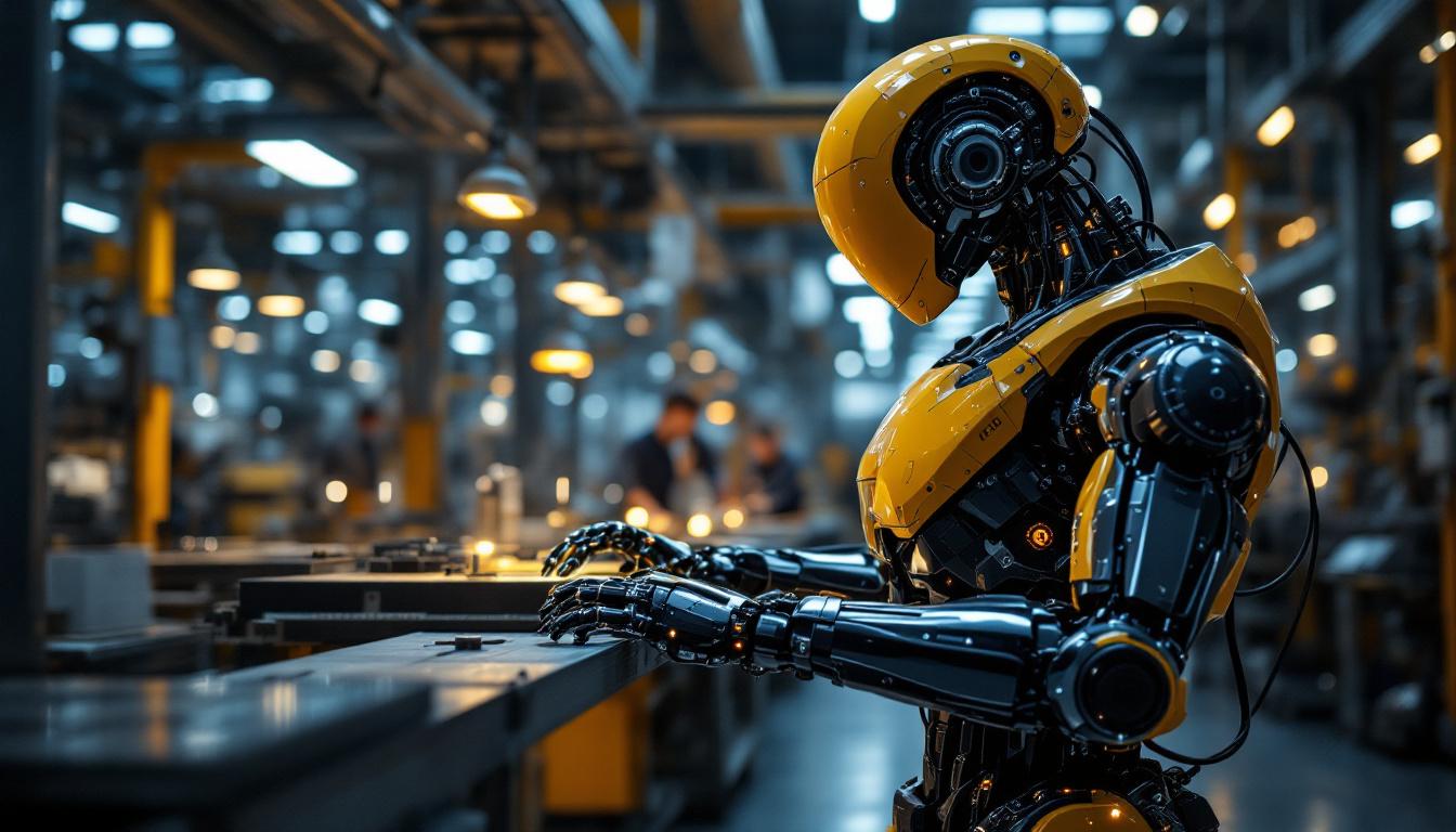 A photograph of a sleek industrial robot in action within a modern manufacturing facility