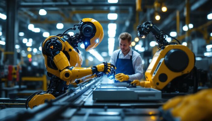 A photograph of a modern industrial robot in action on a factory floor
