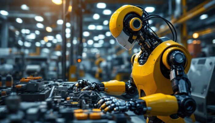 A photograph of a modern industrial robot in action within a manufacturing environment