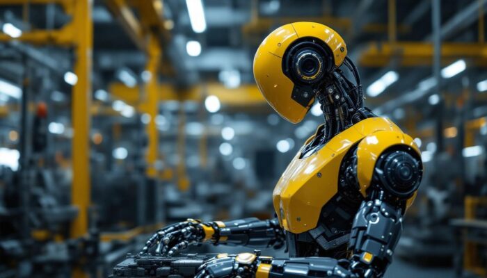 A photograph of a sleek industrial robot in action within a modern manufacturing facility