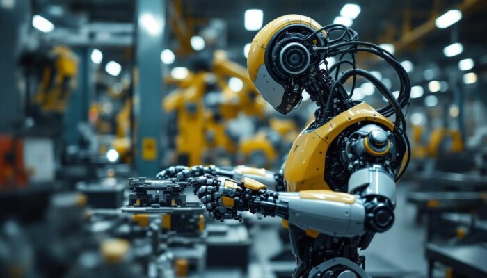A photograph of a modern industrial robot in action within a manufacturing environment
