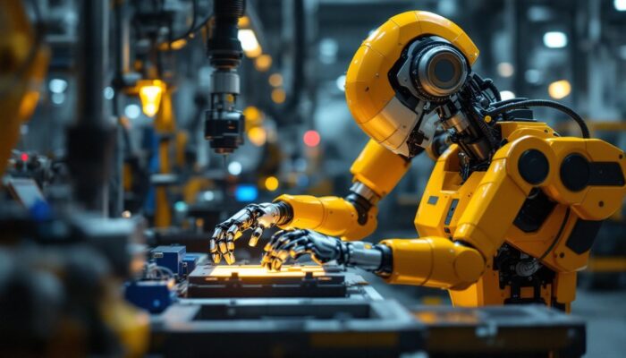 A photograph of a modern industrial robot in action within a manufacturing setting