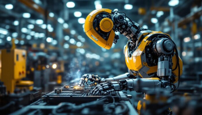 A photograph of capture a photograph of a modern industrial robot in action on a factory floor