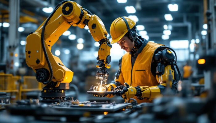 A photograph of a modern industrial robot in action