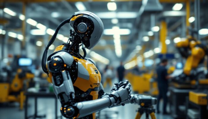A photograph of a sleek industrial robot in action