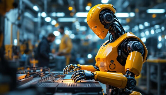 A photograph of a modern industrial robot in action