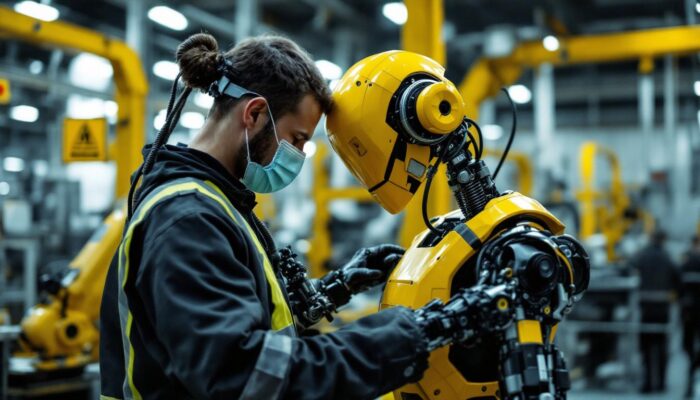 A photograph of a skilled technician inspecting an industrial robot in a manufacturing setting