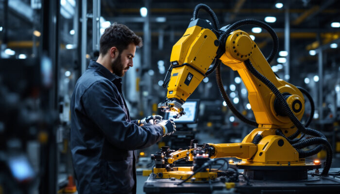 A photograph of a skilled technician programming or operating a collaborative industrial robot in a modern manufacturing environment