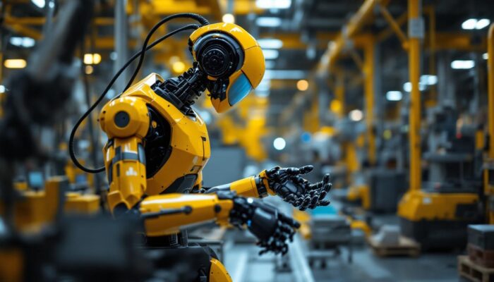 A photograph of a modern industrial robot in action within a manufacturing setting