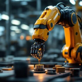 A photograph of a sleek industrial robotic arm in action