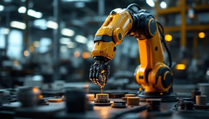 A photograph of a sleek industrial robotic arm in action