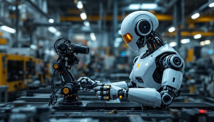 A photograph of a modern industrial robot in action on a factory floor