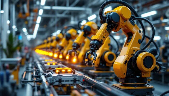 A photograph of a high-tech assembly line featuring industrial robots in action