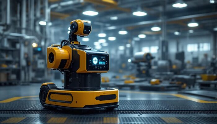 A photograph of a mobile robot platform in an industrial setting