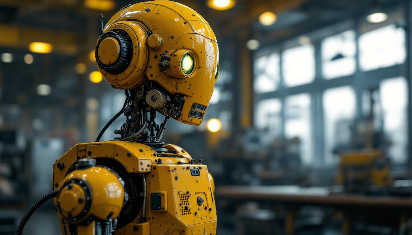 A photograph of a vintage industrial robot in a factory setting
