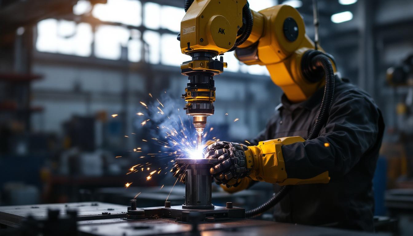 A photograph of a skilled technician operating an industrial robotic arm performing electron beam welding on a metal workpiece