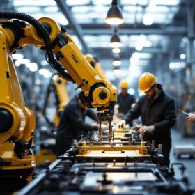 A photograph of a collaborative industrial robot working alongside human workers in a modern manufacturing environment