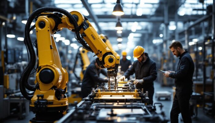 A photograph of a collaborative industrial robot working alongside human workers in a modern manufacturing environment
