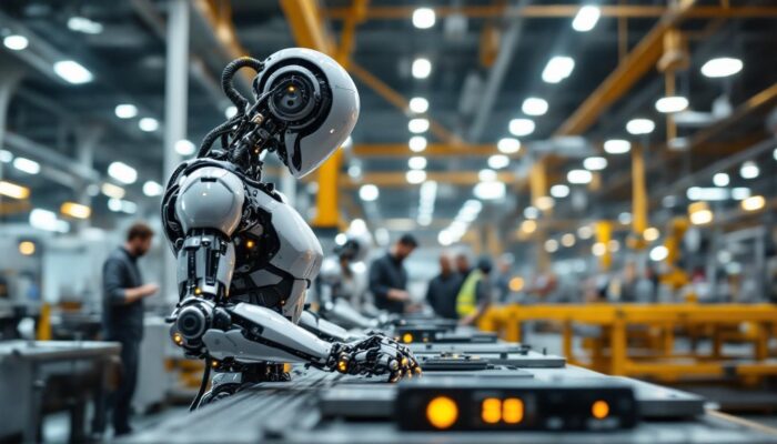 A photograph of a sleek industrial robot in action on a busy factory floor