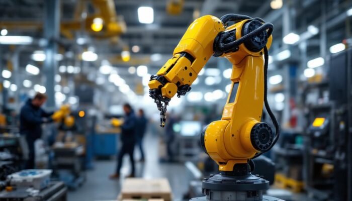 A photograph of a modern industrial robot in action