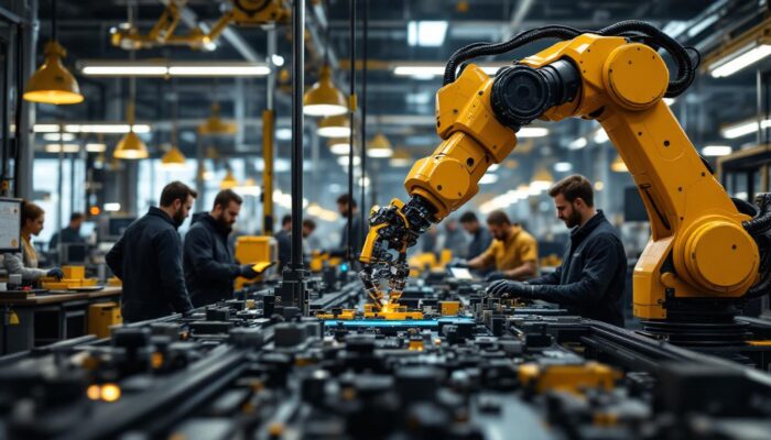 A photograph of a futuristic industrial setting showcasing a robotic arm in action
