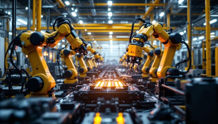 A photograph of a dynamic industrial setting featuring a variety of robotic arms and automated machinery in action