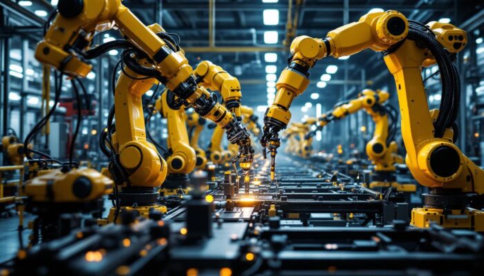 A photograph of a dynamic industrial setting featuring a variety of advanced robotic arms in action