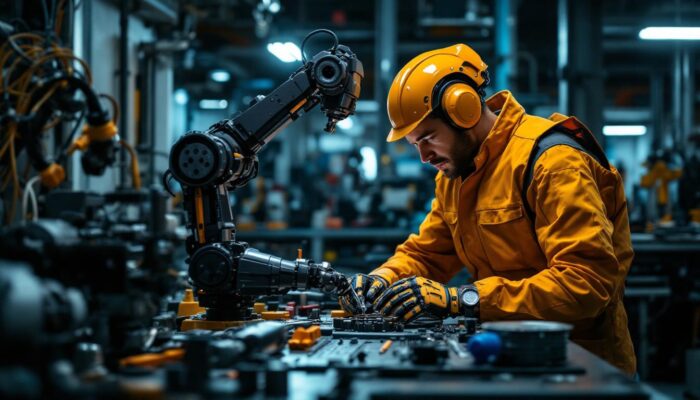 A photograph of a skilled engineer working intently on assembling an industrial robot