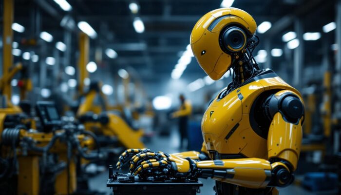 A photograph of a tesla robot in an industrial setting