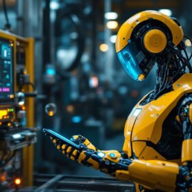 A photograph of a modern industrial robot in action within a factory setting