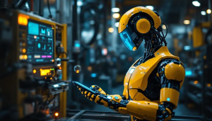 A photograph of a modern industrial robot in action within a factory setting