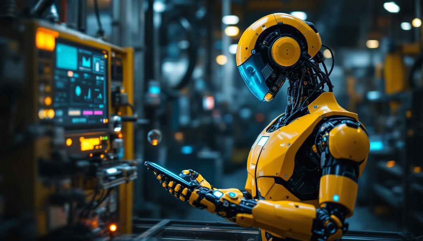 A photograph of a modern industrial robot in action within a factory setting