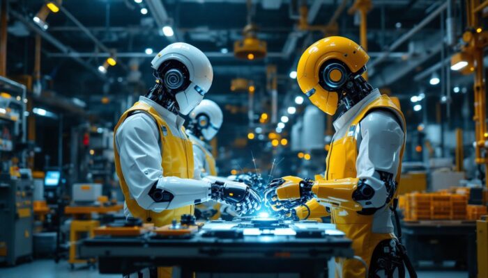 A photograph of a futuristic industrial setting where advanced robots are actively collaborating with human workers