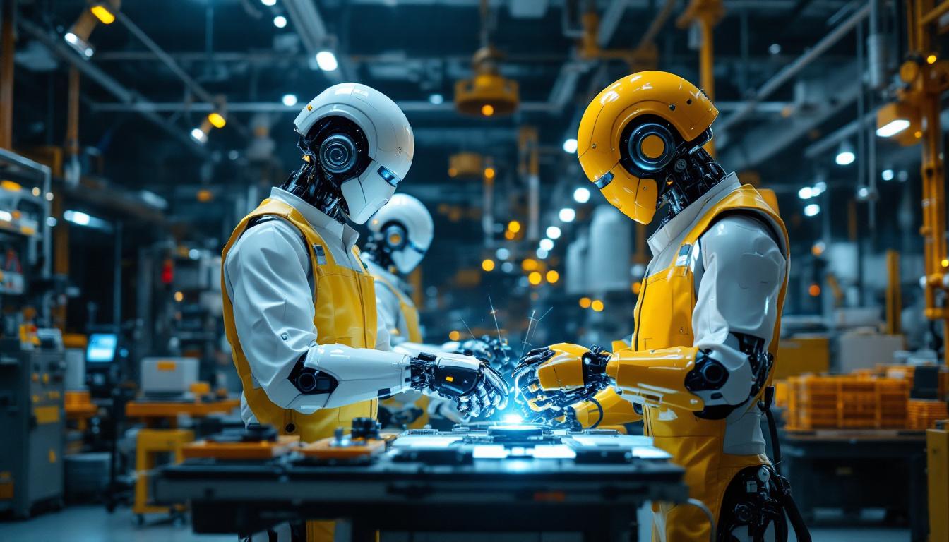 A photograph of a futuristic industrial setting where advanced robots are actively collaborating with human workers