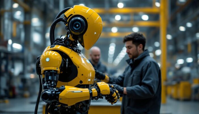 A photograph of a tesla optimus robot in an industrial setting