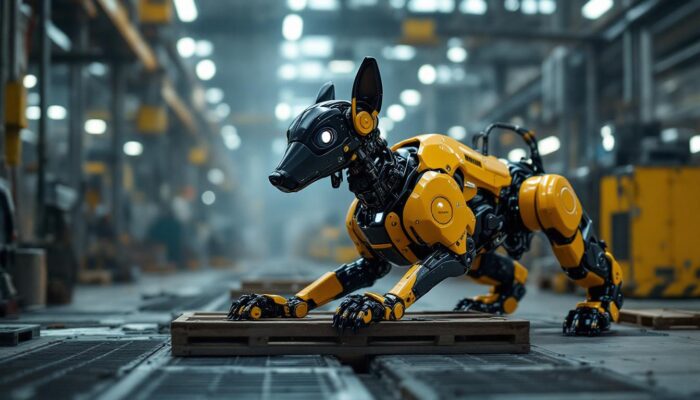 A photograph of a boston dynamics robotic dog in an industrial setting