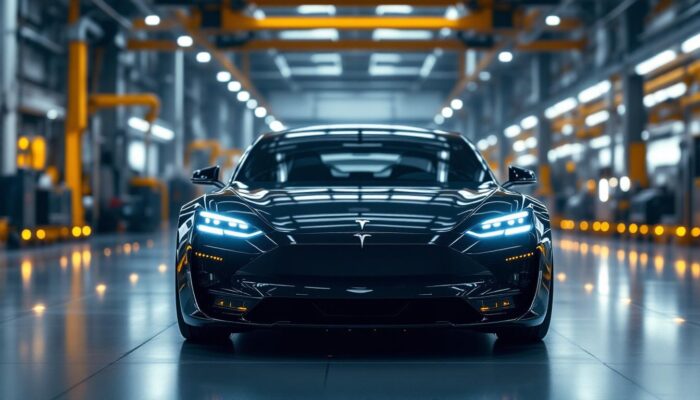 A photograph of a sleek tesla vehicle equipped with advanced robotic technology