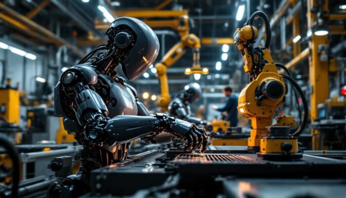 A photograph of a modern industrial robot in action on a factory floor