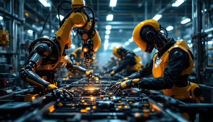 A photograph of a dynamic industrial setting showcasing advanced robots in action