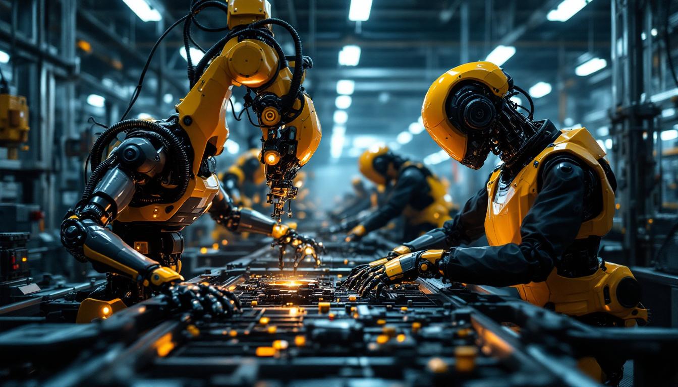 A photograph of a dynamic industrial setting showcasing advanced robots in action