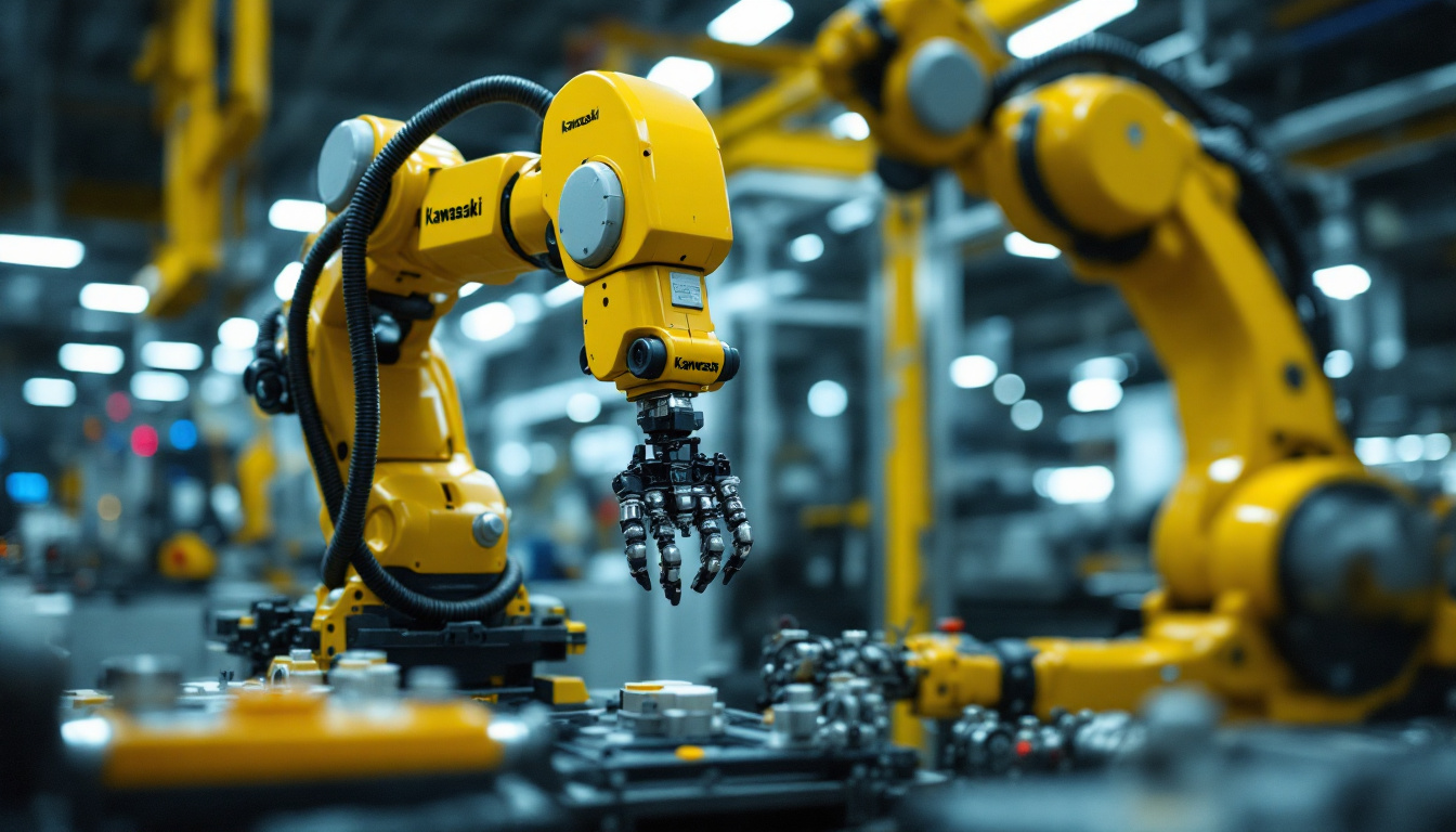 A photograph of a kawasaki industrial robot in action