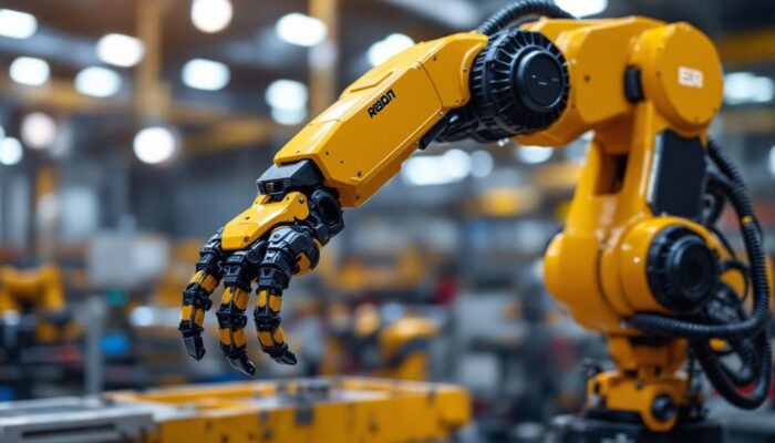A photograph of a sleek industrial robotic arm in action