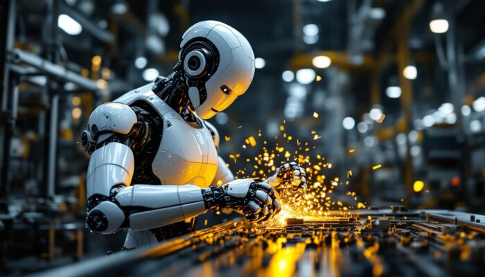 A photograph of a sleek industrial robot in action