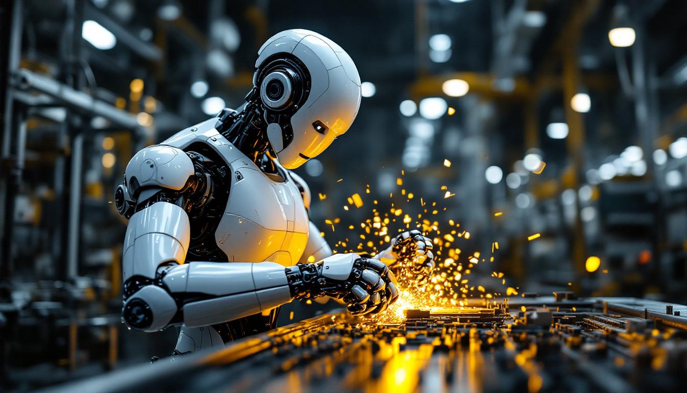 A photograph of a sleek industrial robot in action