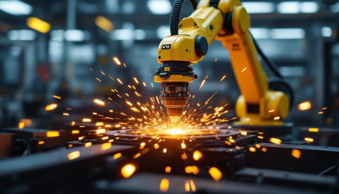 A photograph of a robotic arm engaged in the precise process of electron beam welding