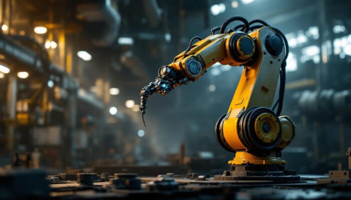 A photograph of a dramatic industrial setting featuring a robotic arm in motion