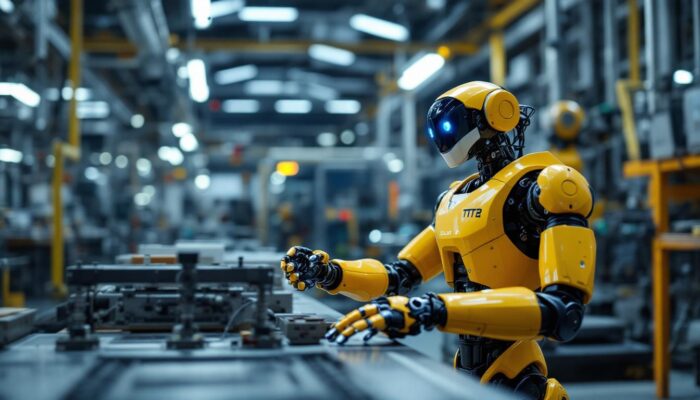 A photograph of capture a photograph of a tesla robot in an industrial setting